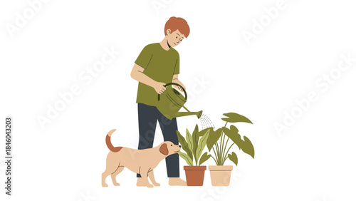 Man watering plants with his dog watching, illustration of gardening and pet care at home