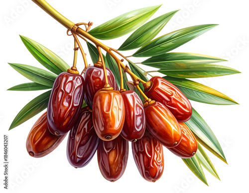 Side-Angle Date Palm Branch with Hanging Dates and Leaves, Isolated PNG