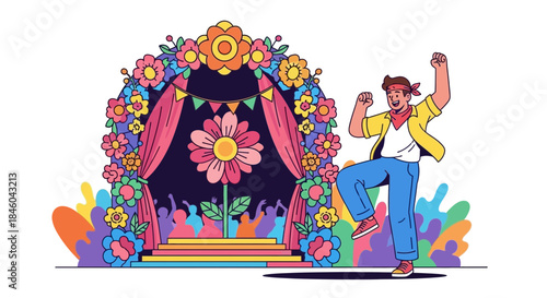 Man Dancing in Front of Floral Stage.