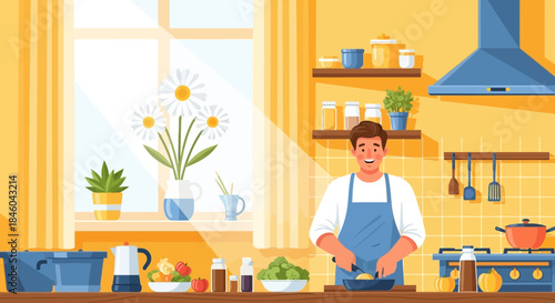 Man Cooking in Kitchen Wearing Apron.