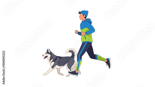 Illustration of a man jogging with his husky dog, fitness and active lifestyle concept