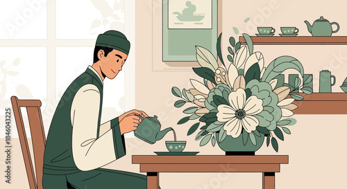 Man Pouring Tea from Teapot into Cup.