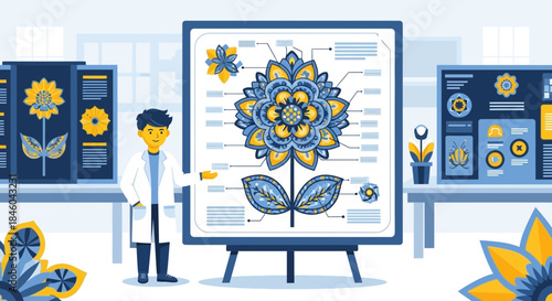 Man presenting a large flower diagram.