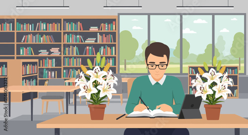 Man Reading and Writing at Desk.