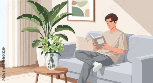 Man Relaxing on Sofa Reading Book.
