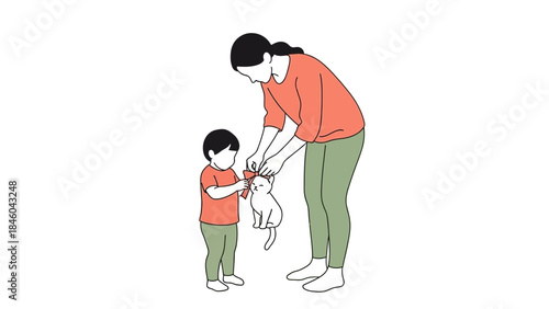 A mother and child putting a bow on a cat in a loving and playful illustration