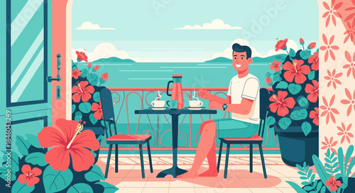Man Sitting at Table on Patio.