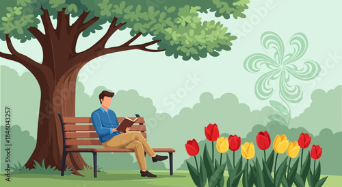 Man Sitting on Bench Reading Book.