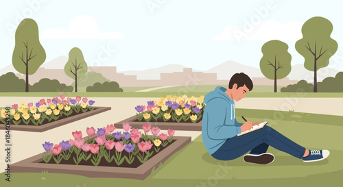 Man Sitting on Grass Reading Book.