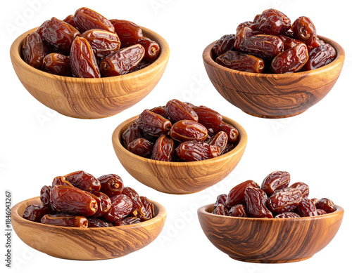 3D Render of Collection of Dried Dates in Wooden Bowls, Isolated PNG