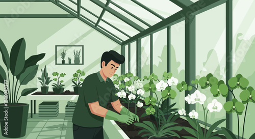 Man Tending to Plants in Greenhouse.