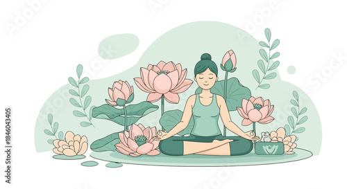 Woman Practicing Yoga with Lotus Flowers.