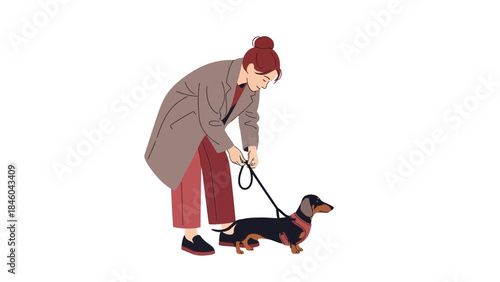 Illustration of a woman with her dachshund dog walking with leash and harness outdoors