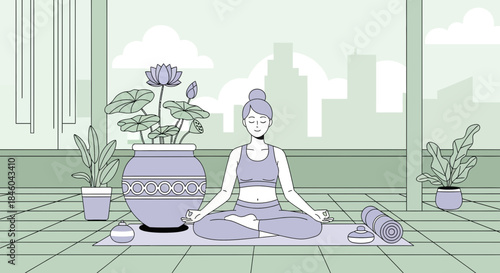 Woman Practicing Yoga in Serene Environment.