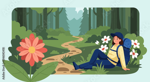 Woman Relaxing in Forest with Backpack.