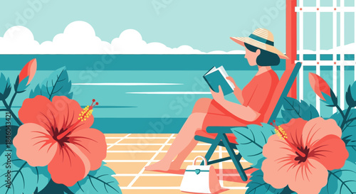 Woman Relaxing on Deck Chair by Ocean.