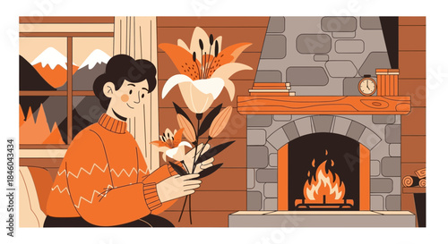 Woman Relaxing with Coffee by Fireplace.