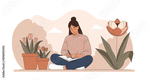 Woman Sitting Cross Legged Reading Book.