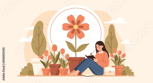 Woman Sitting with Plants and Camera.