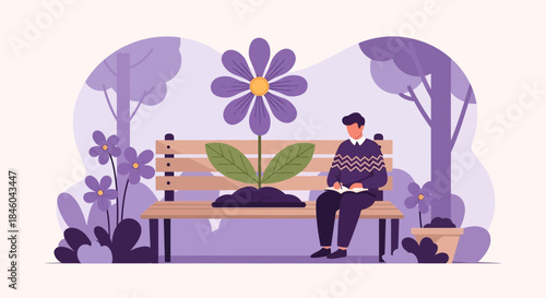 Woman Sitting on Bench with Flower.