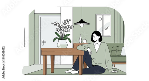 Woman Sitting on Floor Beside Wooden Table.