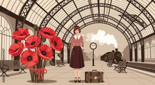 Woman Standing with Red Poppies at Train Station.