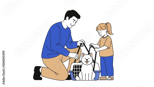 Father and Daughter Preparing to Travel with Dog inside the Pet Carrier for Trip