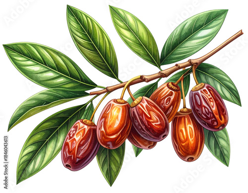 Botanical Illustration of Dates on Branch with Leaves, Decorative Style, PNG