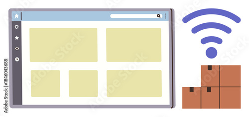 Website interface with empty product slots, wireless signal, and cardboard boxes. Ideal for logistics, e-commerce, online shopping, warehouse management, inventory tracking, modern retail simple
