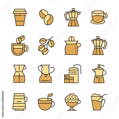 Collection of coffee and tea-related icons and objects
