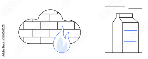Cloud shaped firewall made of bricks with a flame beside a minimalist data storage container. Ideal for cybersecurity, network safety, cloud storage, data protection, digital infrastructure, privacy
