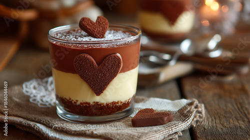 Valentine Pudding Dessert in Glass Cup with Heart Decorations