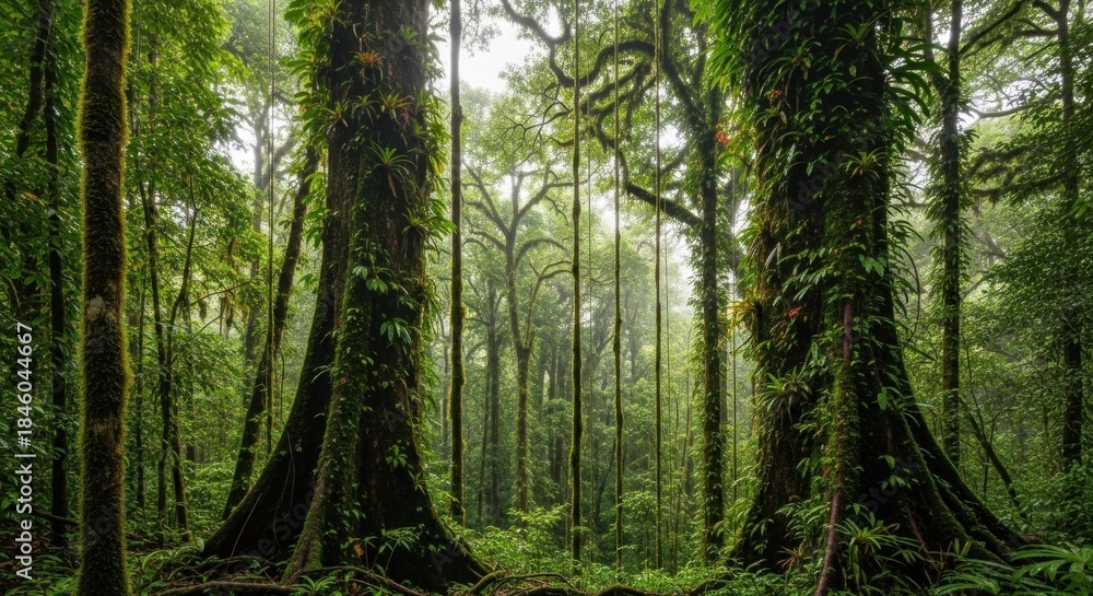 Obraz premium Two large, green, leafy trees with intricate vine growth in a dense, lush forest setting, with a misty, foggy atmosphere, under a clear, bright sky.