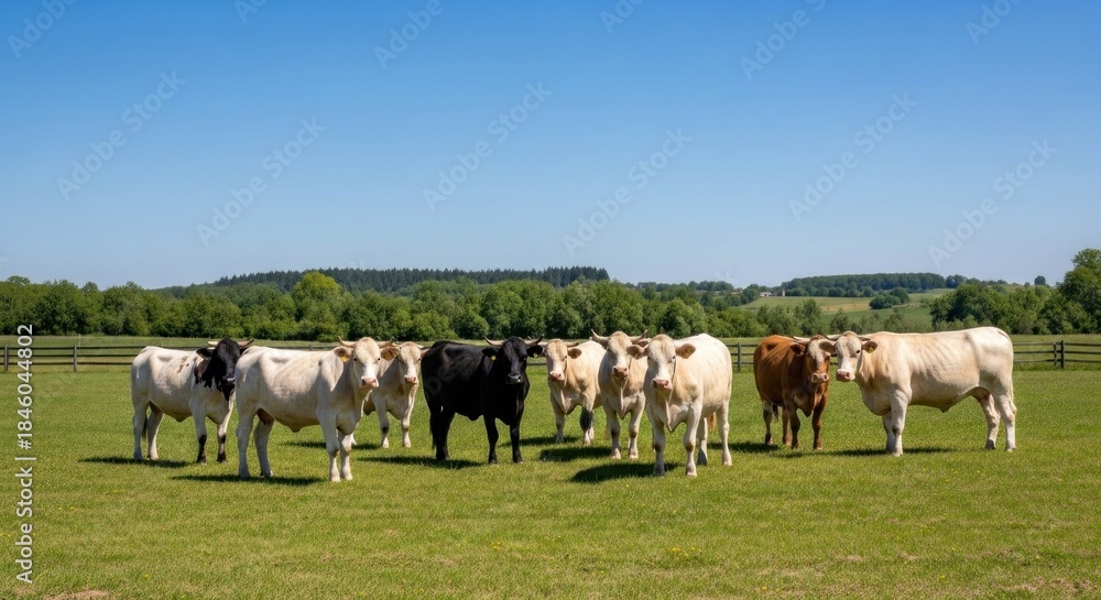 Obraz premium A herd of cows standing in a lush green field with a clear blue sky in the background.