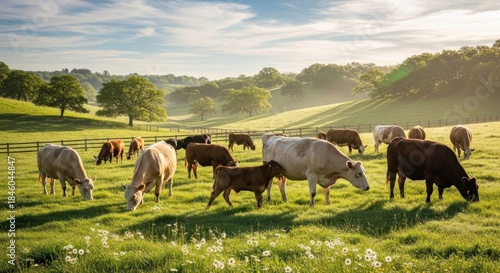 A herd of cows grazing in a lush green field with a wooden fence in the background, under a clear blue sky with scattered clouds.