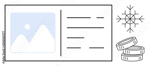 Online shopping, winter discounts, secure transactions, financial savings, cold season sales, digital identification. ID card outline, snowflake design and coins. Winter discounts and secure