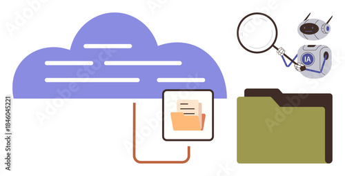 Cloud with file upload icons linked to a folder, AI robot holding a magnifying glass. Ideal for technology, data storage, cloud computing, AI integration, file sharing, cybersecurity, simple flat