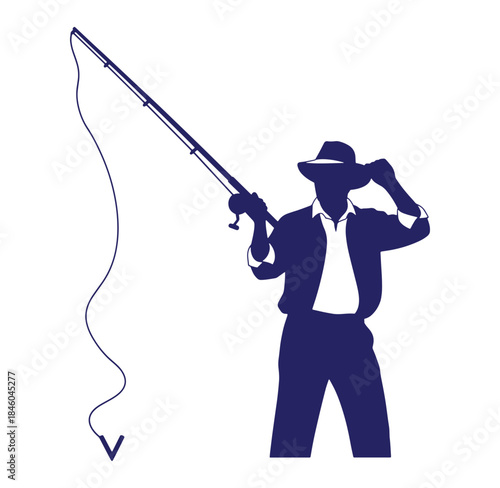 Silhouette of a fisherman casting a line wearing a hat for recreational outdoor activities