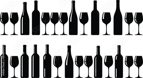 Wine silhouette, bottle and glass, black vector, minimal design, elegant drinkware, party icon, bar decor, alcohol theme, stylish pattern, beverage art