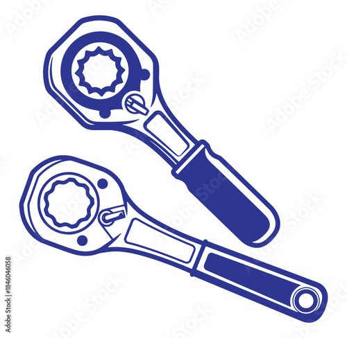 Two blue illustrated ratchet wrenches isolated on white background for mechanical and repair concepts