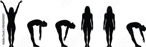 Female yoga fitness silhouettes set showing stretching bending standing poses isolated black vector icons for wellness exercise illustration stock