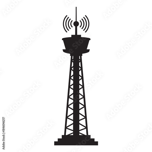 Black silhouette of a control tower or communication antenna transmitting strong radio waves, symbolizing global connectivity, broadcast, and telecommunications technology