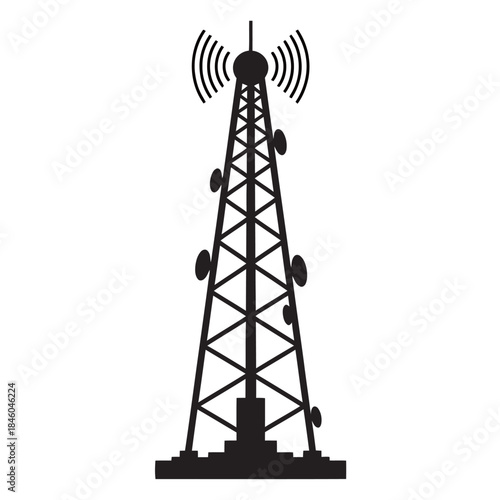 Black silhouette of a control tower or communication antenna transmitting strong radio waves, symbolizing global connectivity, broadcast, and telecommunications technology
