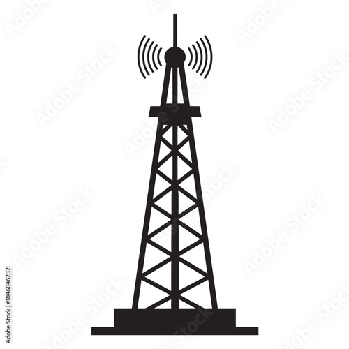 Black silhouette of a control tower or communication antenna transmitting strong radio waves, symbolizing global connectivity, broadcast, and telecommunications technology
