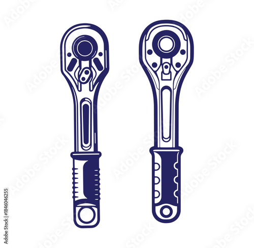Two detailed blue and white vector illustrations of a ratcheting wrench tool