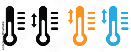 Temperature icons showing rising and falling heat levels,Weather Sign. Temperature icon set. Warm cold Symbol, Temperature Scale Symbol. Thermometer icons stock vector.