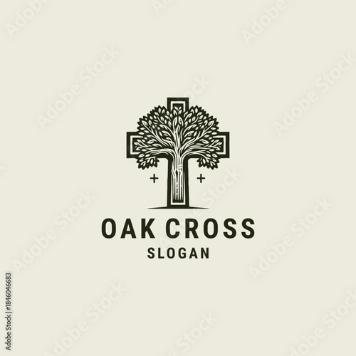 Oak cross logo design template vector illustration