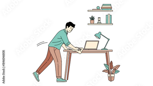 A man cleaning his desk vector illustration with a laptop, lamp, and potted plant