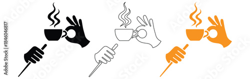 Hands holding coffee cups with thumbs up in different colors,Hand holding coffee cup icon. Vector illustration.coffee cup icon vector isolated on background