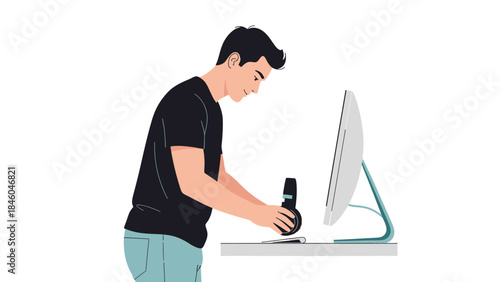 A man setting up headphones next to a computer  on a desk with a white background